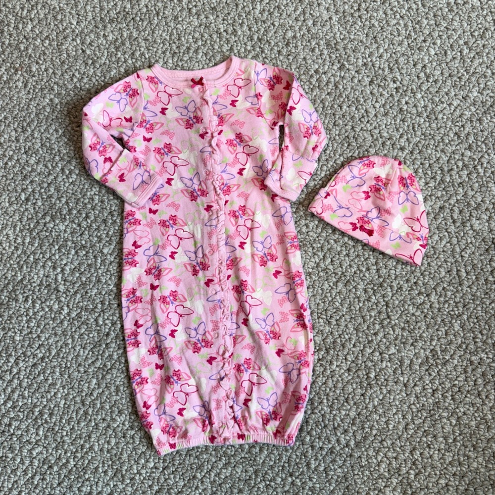 Koala Baby Pink Butterfly Snap Front Sleeper Gown and Hat Set Size 3‎ Months